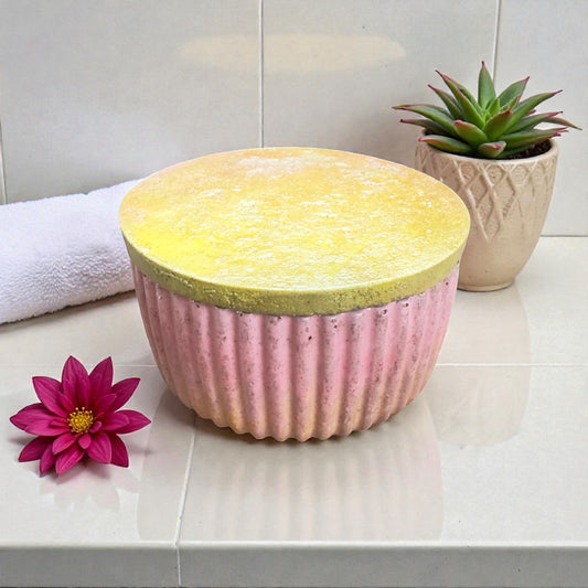 Citrus yellow concrete jar with soft dusty rose marbling