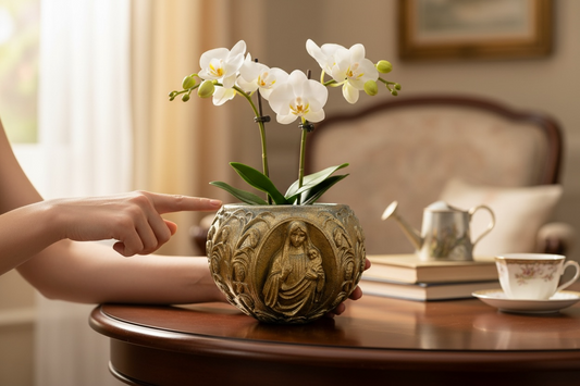 Hand-poured concrete Madonna vessel with detailed leaf and grape carvings