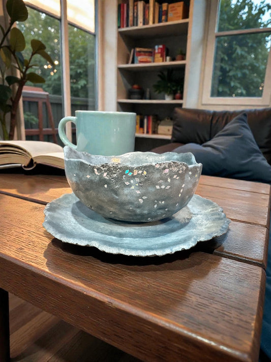Hand-poured soft blue concrete catch-all bowl