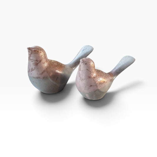 Terra Bird Pair with Classic and Petite handmade concrete bird figurines together