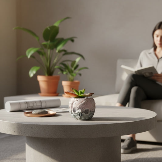 Terra Raven Skull Planter displayed on a concrete coffee table in a modern room
