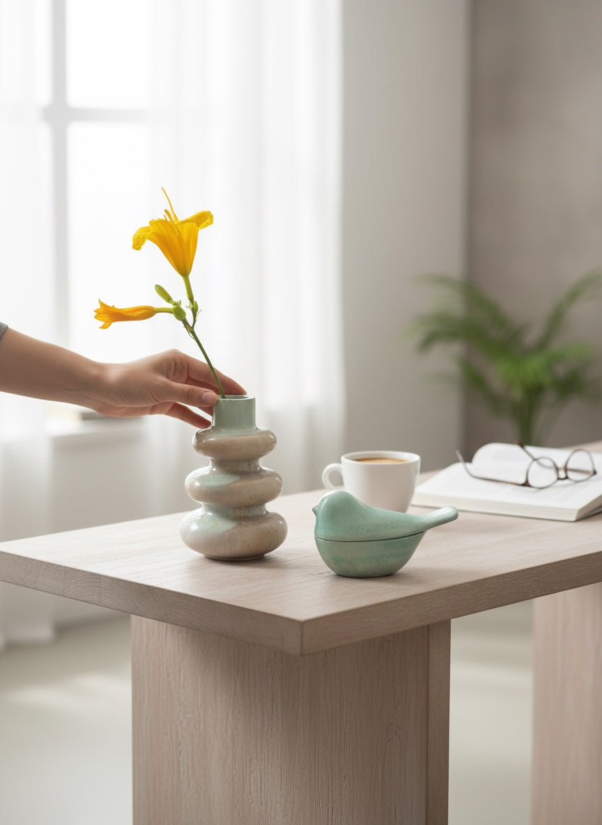Handmade concrete decor styled on a marble surface with succulent planter and decorative tray