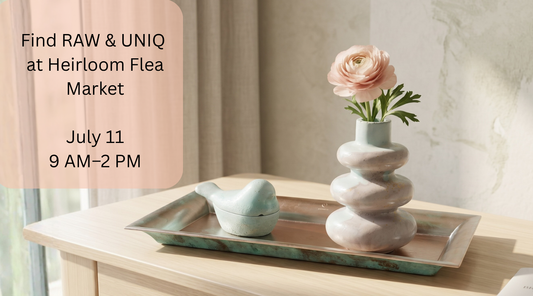 RAW & UNIQ handmade concrete Bird Trinket Box and sculptural vase displayed on a metal tray for the Heirloom Chattanooga Flea Market on July 11, 2026.