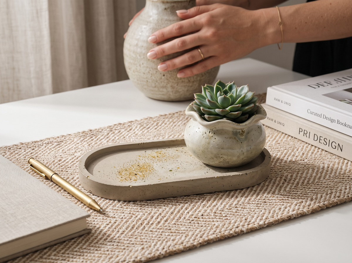 Handmade concrete succulent planter with matching oval tray.