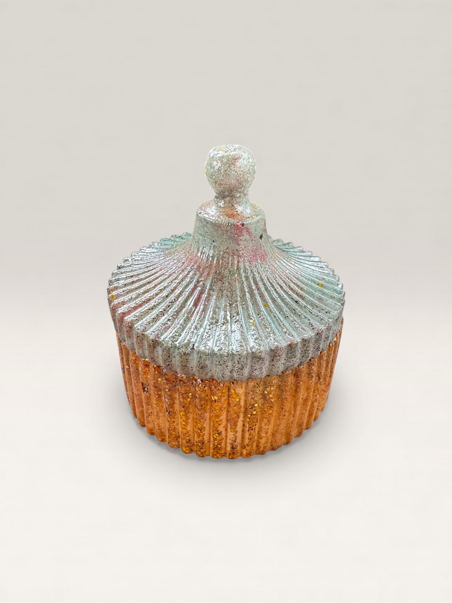 Frosted Ember Blue & Copper Concrete Jar with Lid - Holding jewelry
