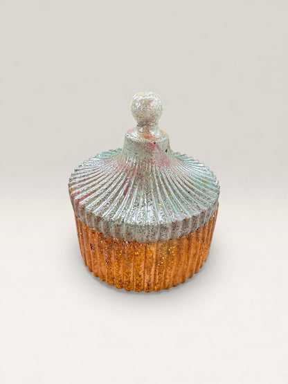 Frosted Ember Blue & Copper Concrete Jar with Lid - Holding jewelry
