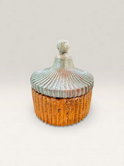 Frosted Ember Blue & Copper Concrete Jar with Lid - Styled on shelf
