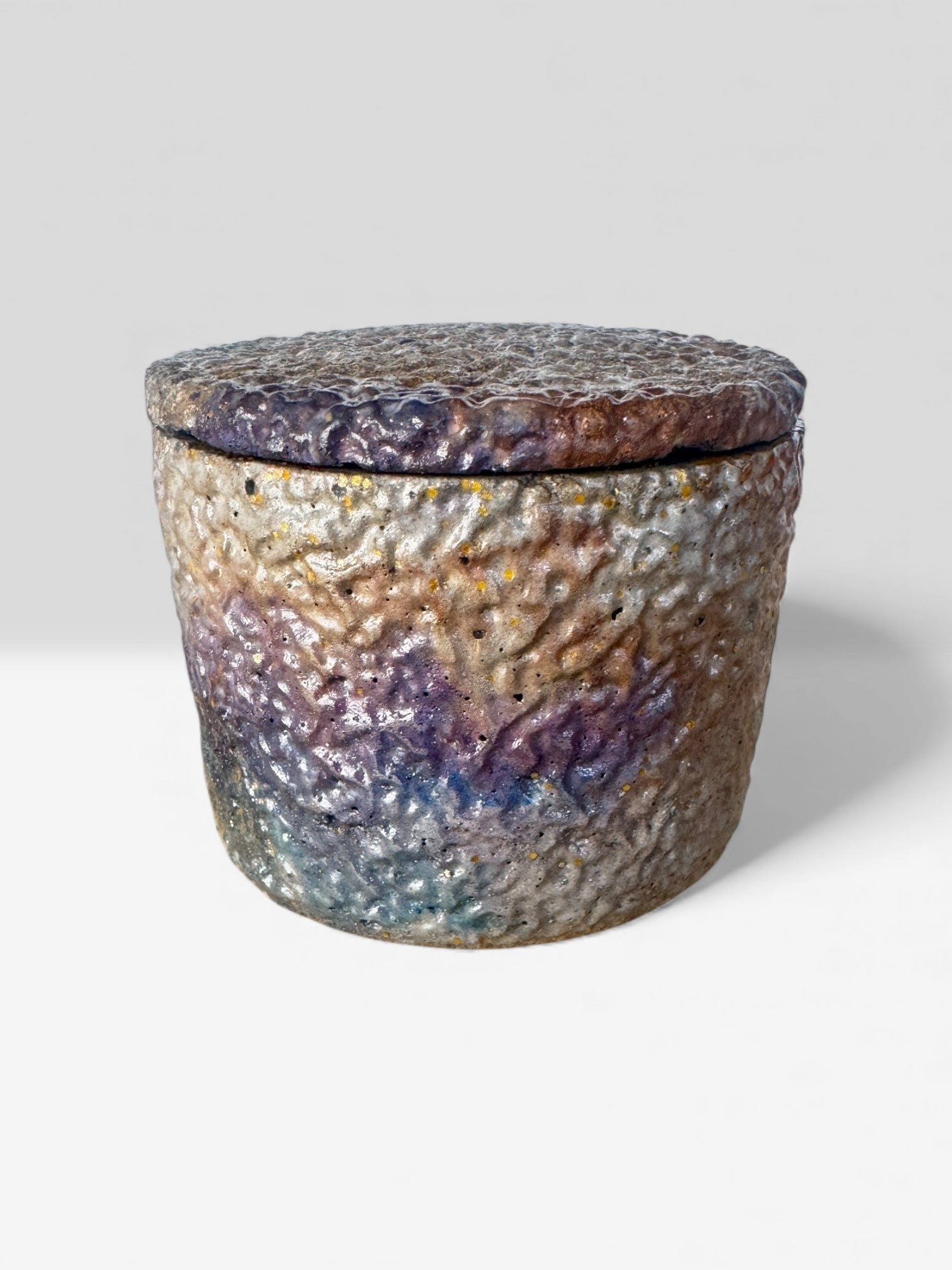 Twilight Pebble Taupe & Indigo Concrete Jar with Lid - Styled on shelf
