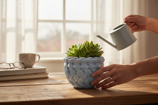 Woven Mist denim blue concrete basket planter