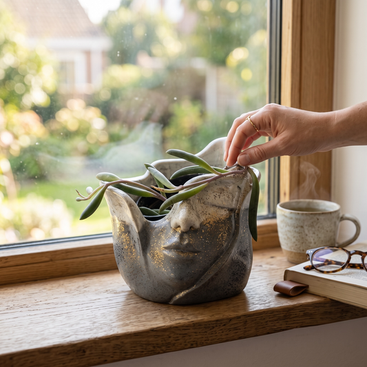 Celestial Aura Planter – RAW & UNIQ handmade concrete face planter in ivory, gray, and blue with gold accents, holding a succulent on a sill.