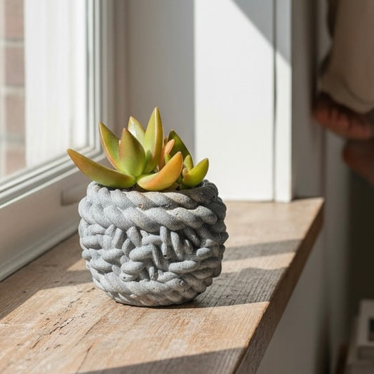 Celestial Rope Planter handmade gray concrete planter with succulent on a sunny windowsill