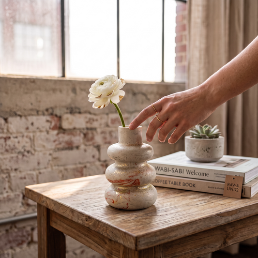 Handmade Mist Bubble Vase in sealed concrete with a soft mist finish, delicate gold shimmer, and subtle organic marbling, holding fresh flowers in a modern minimalist home.