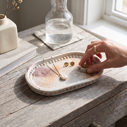 Mist Contour handmade concrete catchall tray with champagne, blush, and lavender tones. Decorative tray for jewelry, soap, keys, candles, and minimalist home decor.