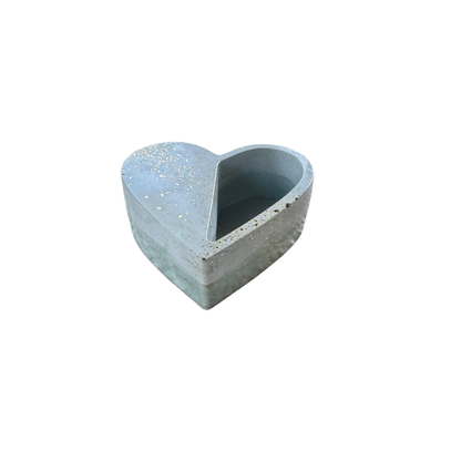 RAW & UNIQ heart-shaped concrete succulent planter in grey and sage with gold leaf accents for modern home decor.