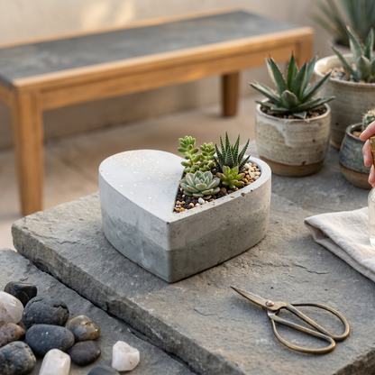 RAW & UNIQ heart-shaped concrete succulent planter with gold leaf accents on a stone table with garden shears.