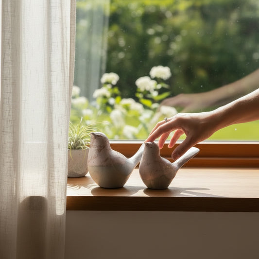 Terra Bird Pair styled together on a sunlit windowsill in a neutral home interior