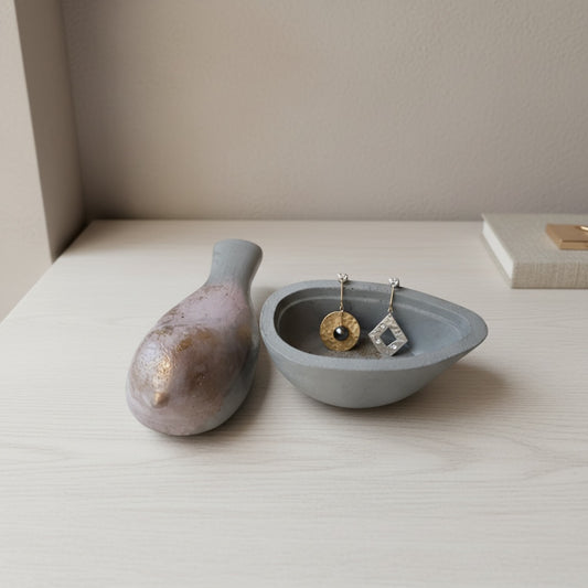 Terra Bird Trinket Box handmade concrete bird-shaped jewelry box styled open with earrings