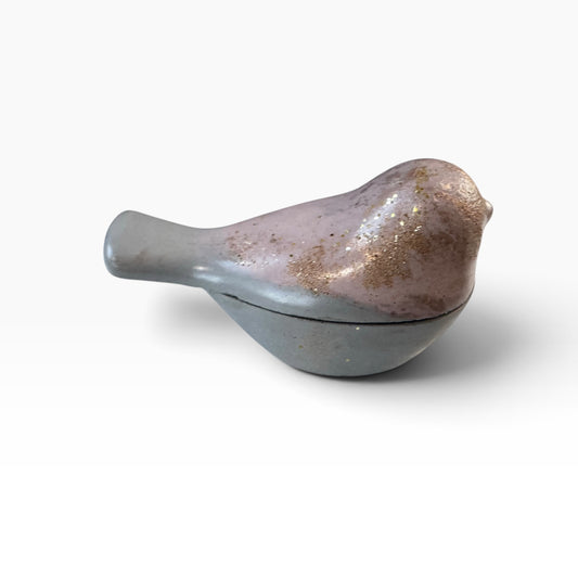 Terra Bird Trinket Box closed side view in gray blush and gold concrete