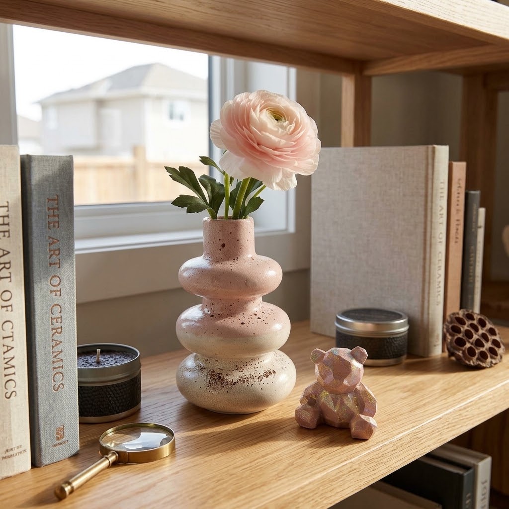 Terra Bubble Vase holding a pink flower on a wooden shelf beside neutral books