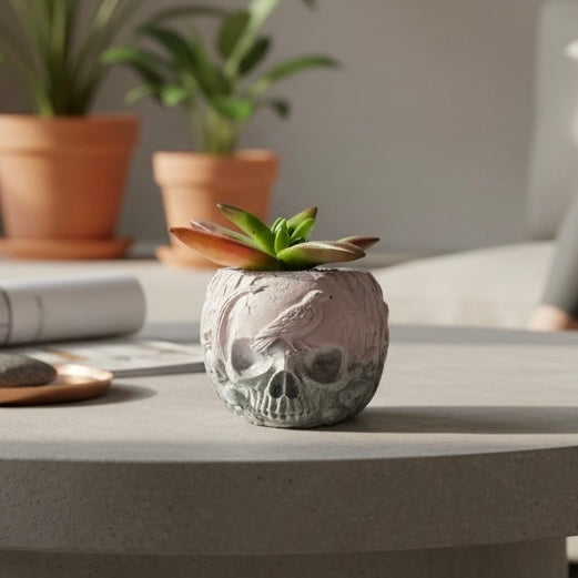 Terra Raven Skull Planter styled with a succulent on a concrete table